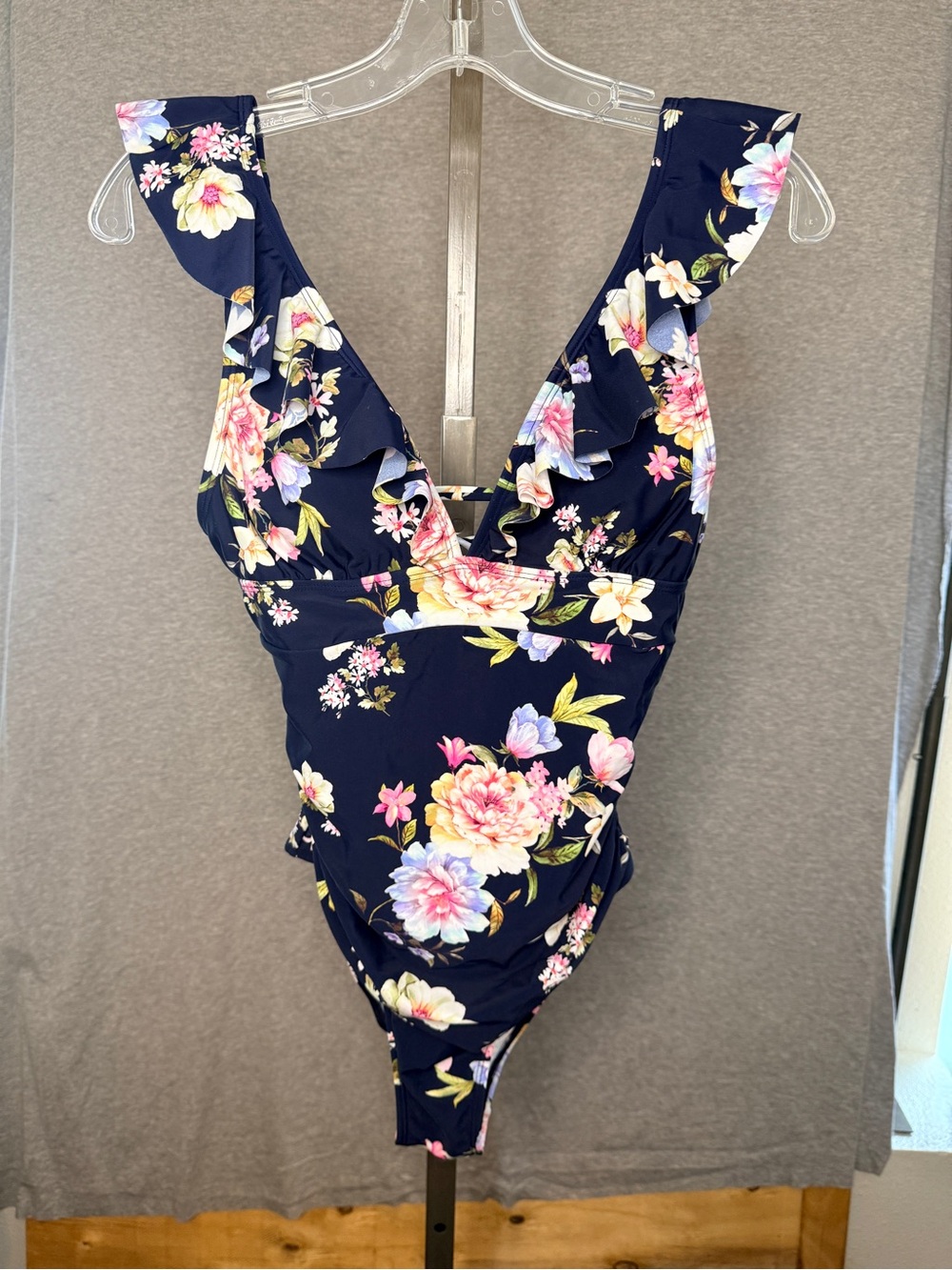 Cupshe Navy Floral Ruffle V-Neck One-Piece Swimsuit with Pink & Yellow Blooms